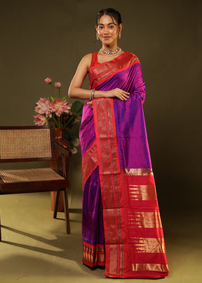 Purple Handloom Kanjivaram Pure Silk Saree With Blouse Piece