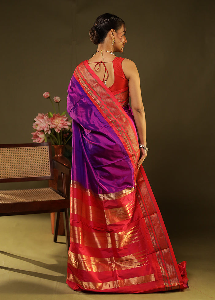 Purple Handloom Kanjivaram Pure Silk Saree With Blouse Piece