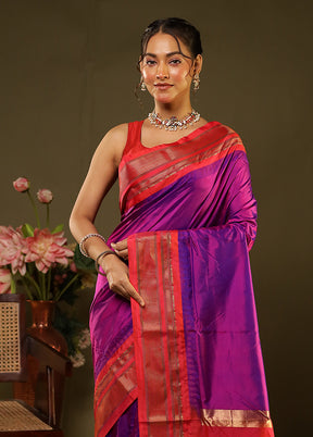 Purple Handloom Kanjivaram Pure Silk Saree With Blouse Piece