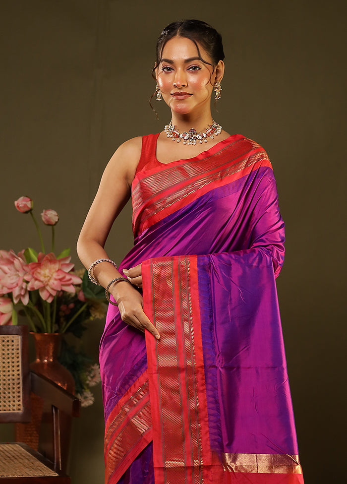 Purple Handloom Kanjivaram Pure Silk Saree With Blouse Piece