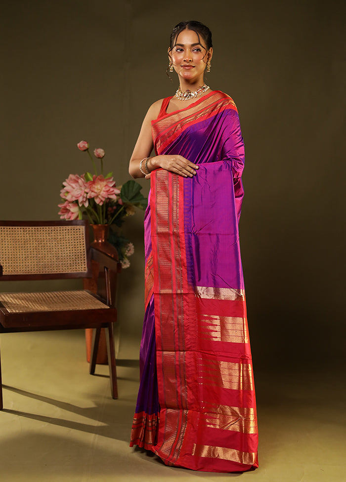 Purple Handloom Kanjivaram Pure Silk Saree With Blouse Piece