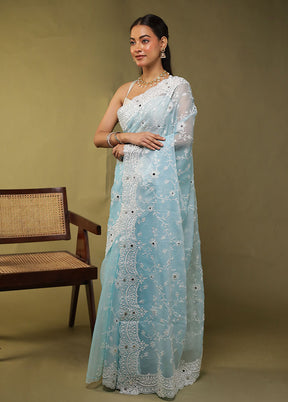 Blue Handloom Pure Georgette Saree With Blouse Piece