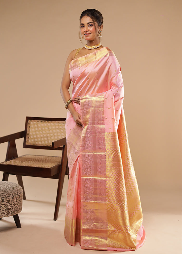 Pink Handloom Kanchipuram Pure Silk Saree With Blouse Piece