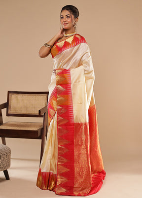Cream Handloom Kanchipuram Pure Silk Saree With Blouse Piece