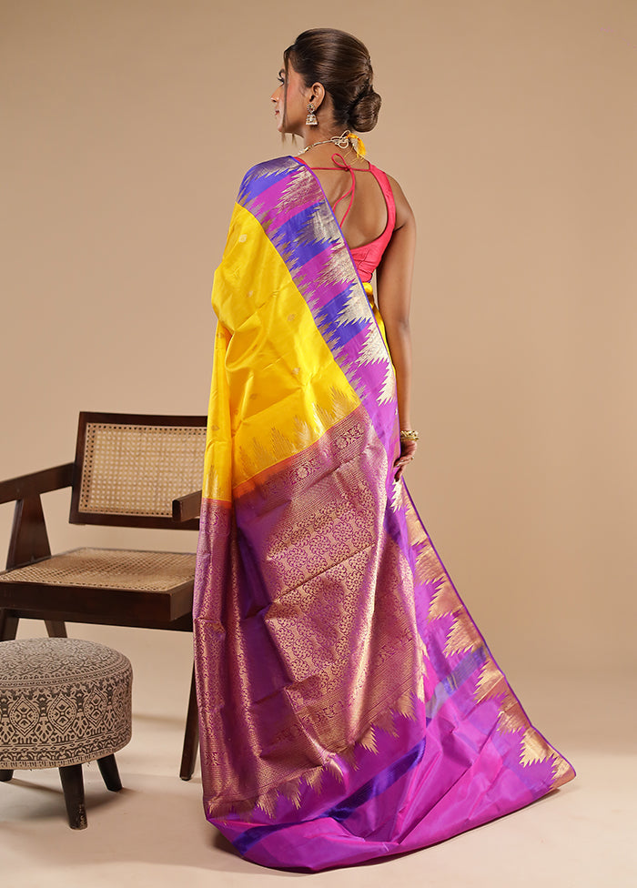 Yellow Handloom Kanchipuram Pure Silk Saree With Blouse Piece