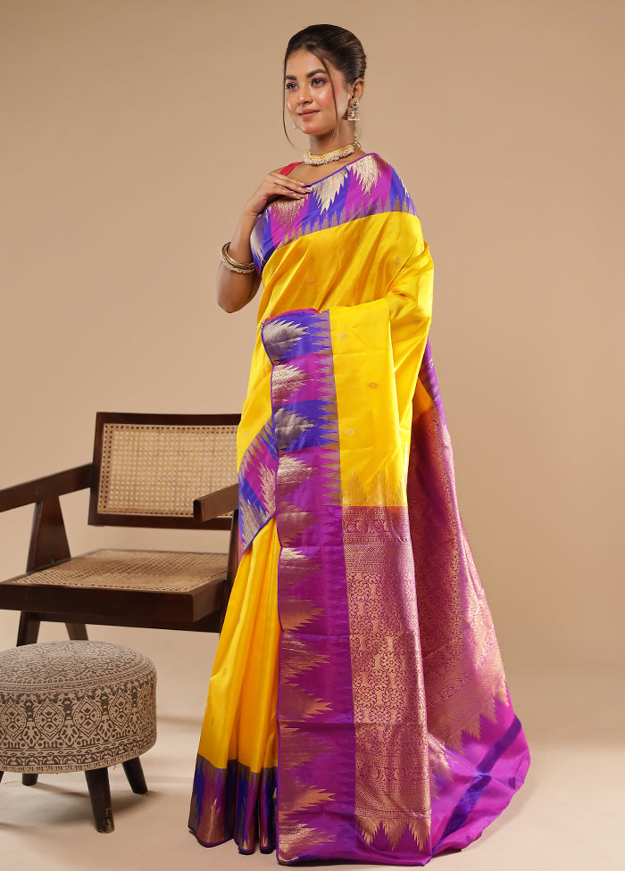 Yellow Handloom Kanchipuram Pure Silk Saree With Blouse Piece