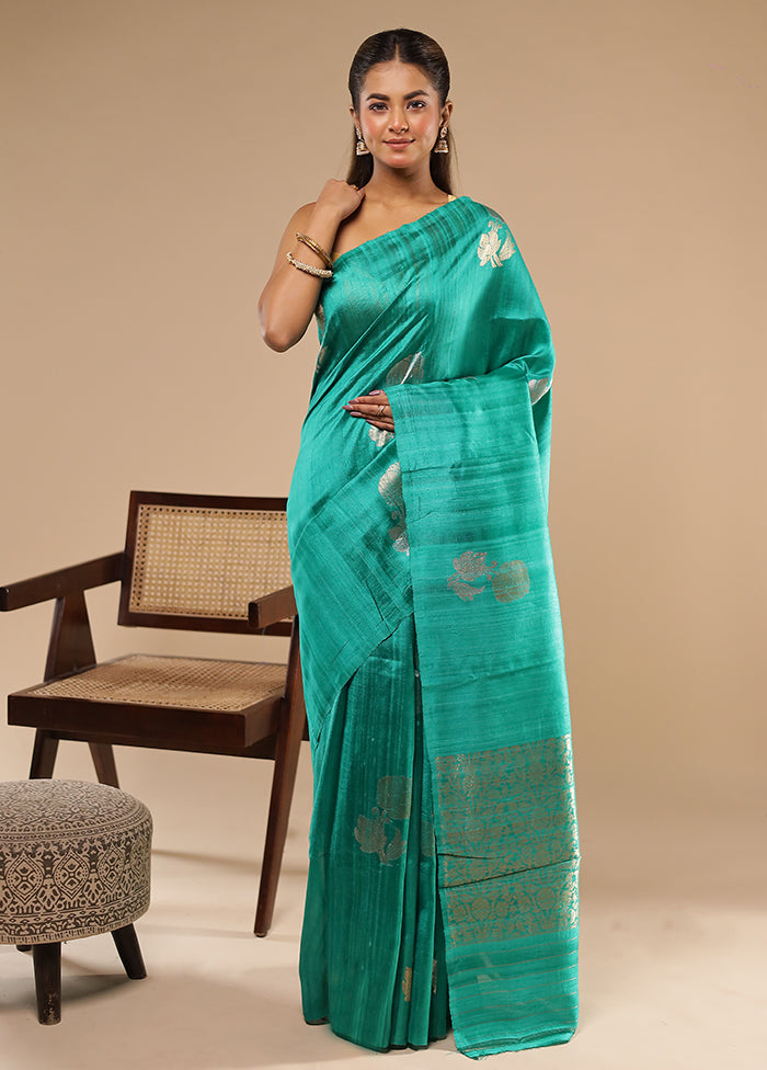 Green Handloom Tussar Pure Silk Saree With Blouse Piece