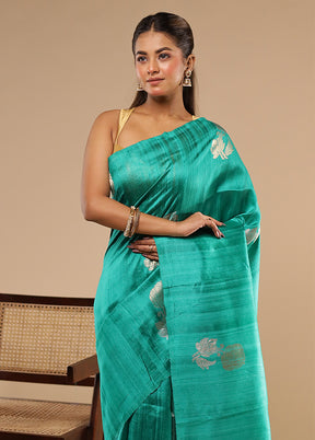 Green Handloom Tussar Pure Silk Saree With Blouse Piece