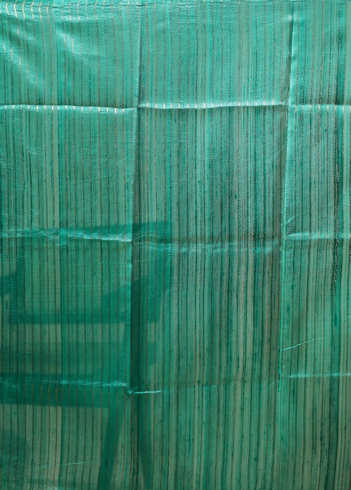 Green Handloom Tussar Pure Silk Saree With Blouse Piece