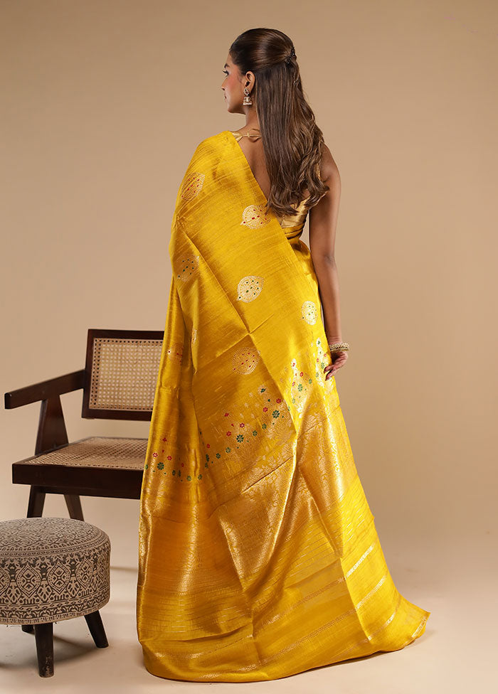 Yellow Handloom Tussar Pure Silk Saree With Blouse Piece