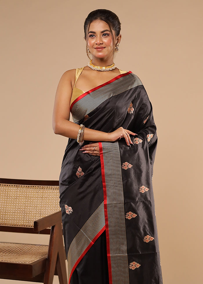 Black Handloom Katan Pure Silk Saree With Blouse Piece