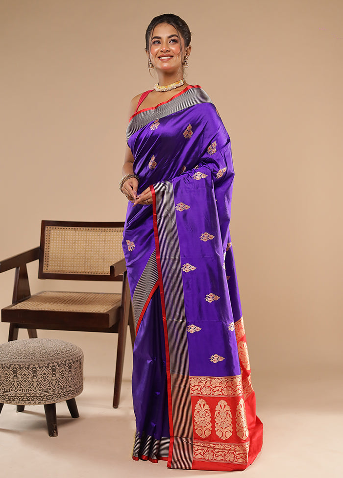 Purple Handloom Katan Pure Silk Saree With Blouse Piece