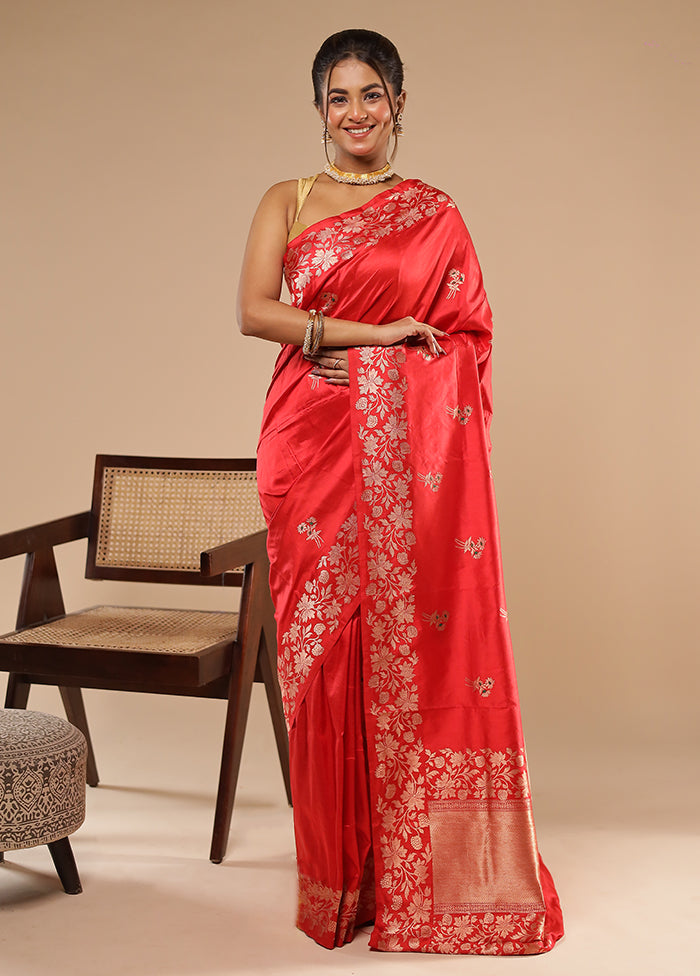 Red Handloom Katan Pure Silk Saree With Blouse Piece