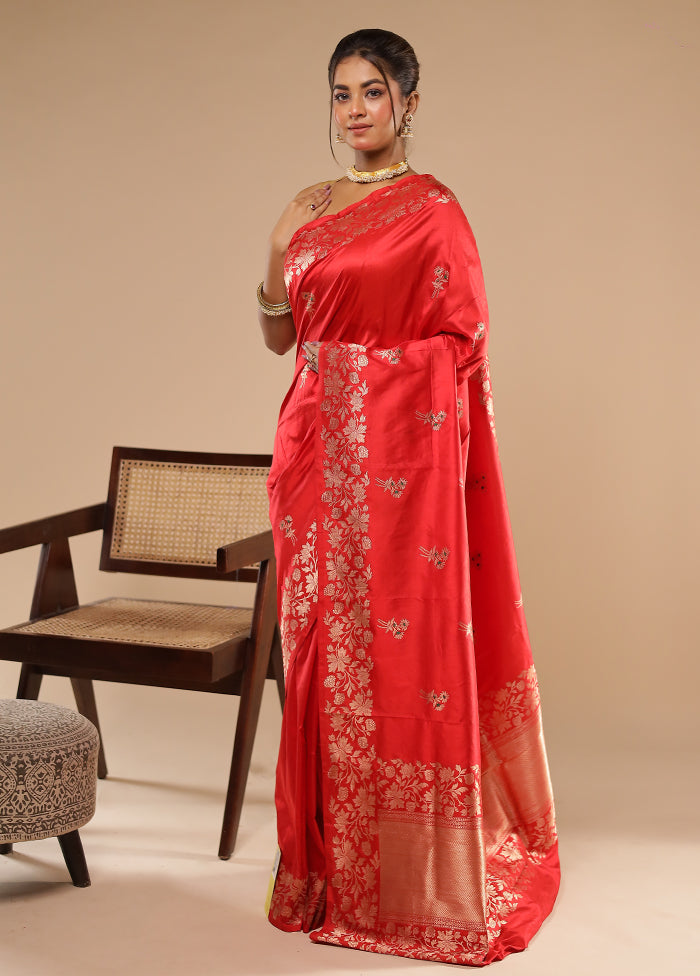Red Handloom Katan Pure Silk Saree With Blouse Piece