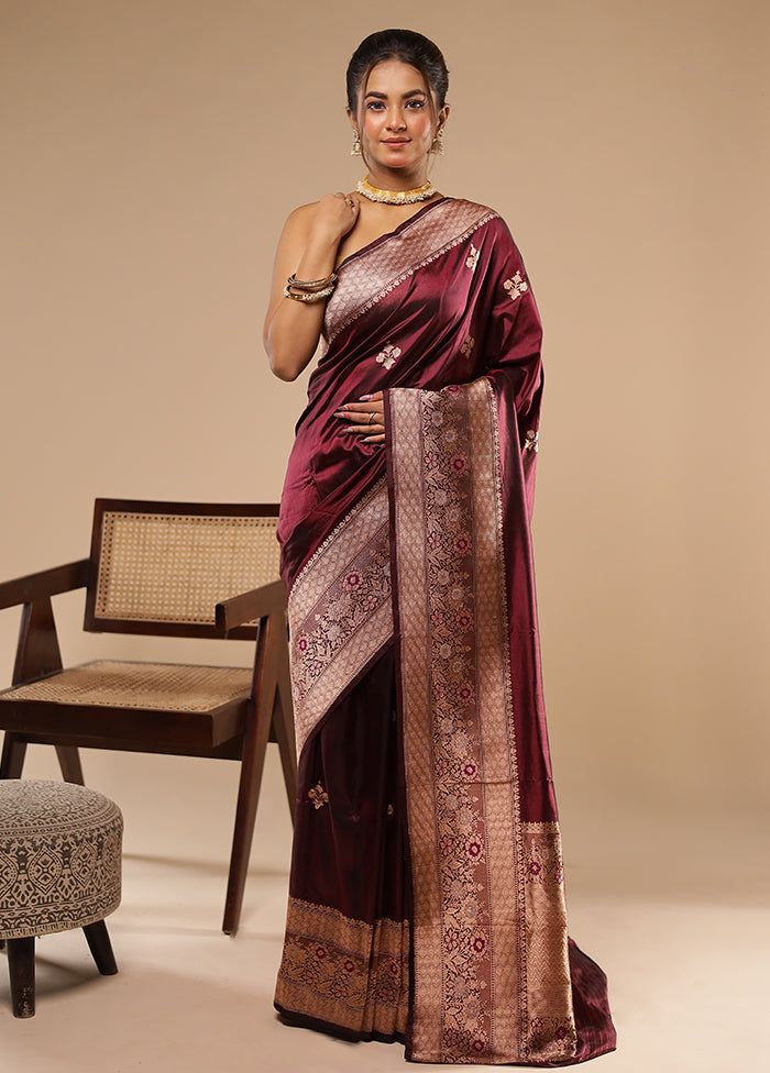 Maroon Handloom Katan Pure Silk Saree With Blouse Piece