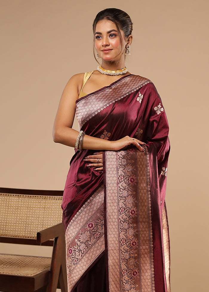 Maroon Handloom Katan Pure Silk Saree With Blouse Piece