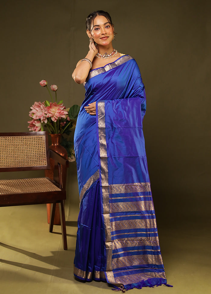 Blue Handloom Kanjivaram Pure Silk Saree With Blouse Piece