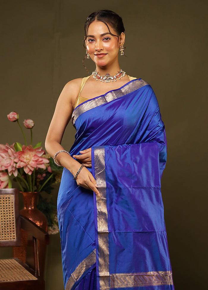 Blue Handloom Kanjivaram Pure Silk Saree With Blouse Piece