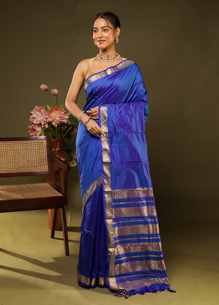 Blue Handloom Kanjivaram Pure Silk Saree With Blouse Piece