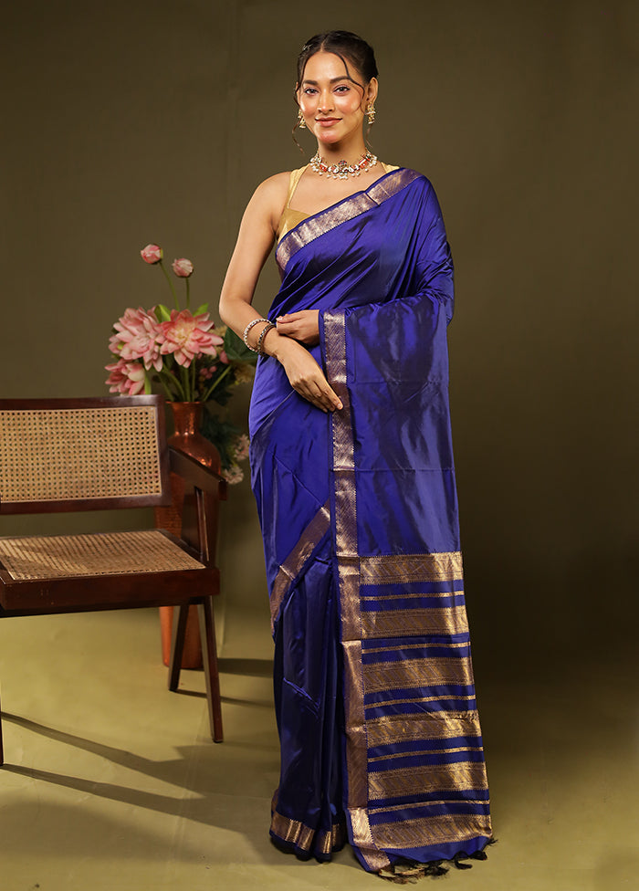 Blue Handloom Kanjivaram Pure Silk Saree With Blouse Piece