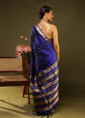 Blue Handloom Kanjivaram Pure Silk Saree With Blouse Piece
