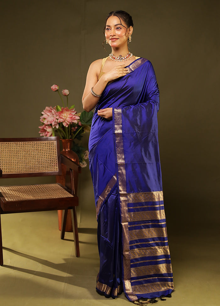 Blue Handloom Kanjivaram Pure Silk Saree With Blouse Piece
