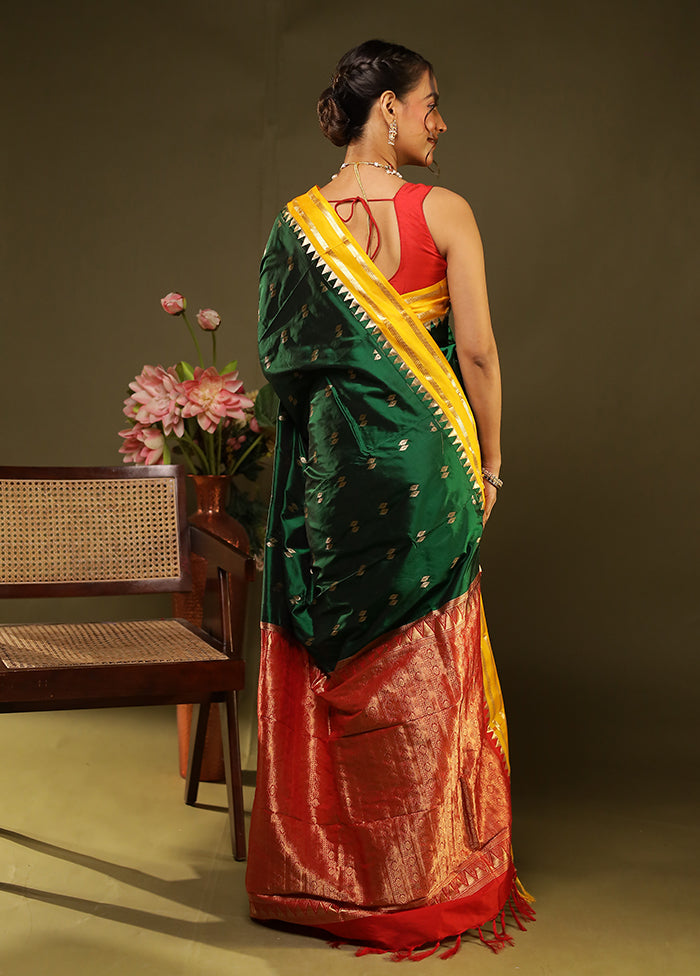 Green Handloom Kanjivaram Pure Silk Saree With Blouse Piece