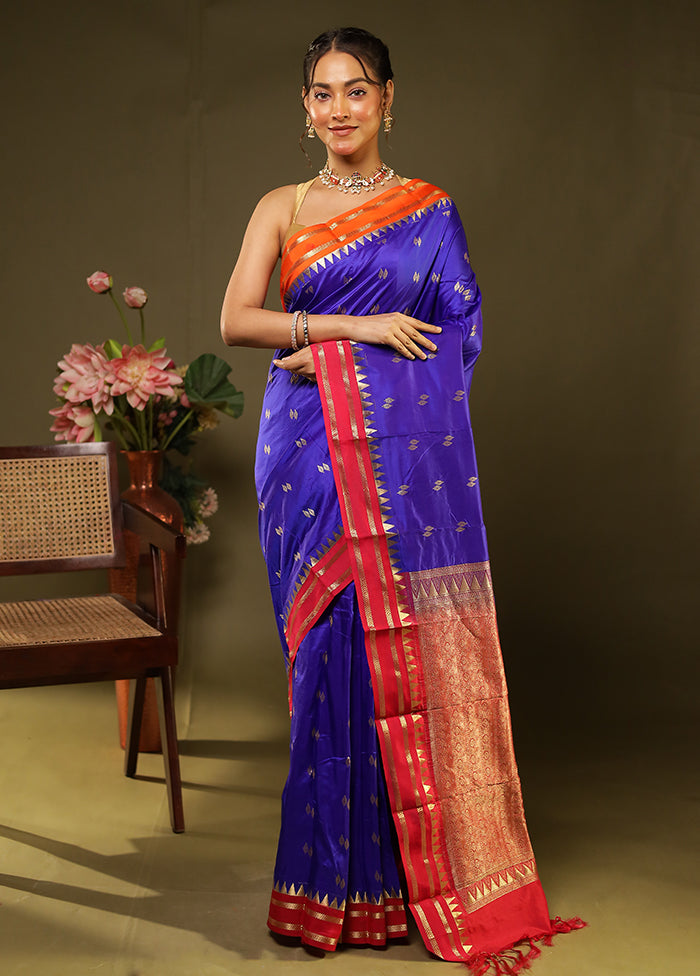 Blue Handloom Kanjivaram Pure Silk Saree With Blouse Piece