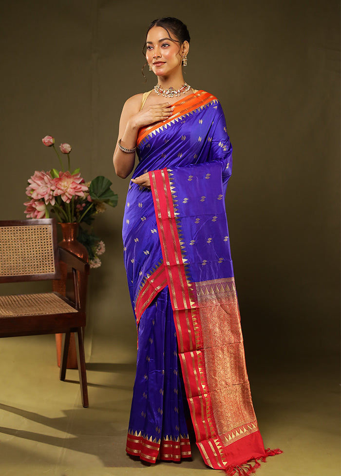 Blue Handloom Kanjivaram Pure Silk Saree With Blouse Piece