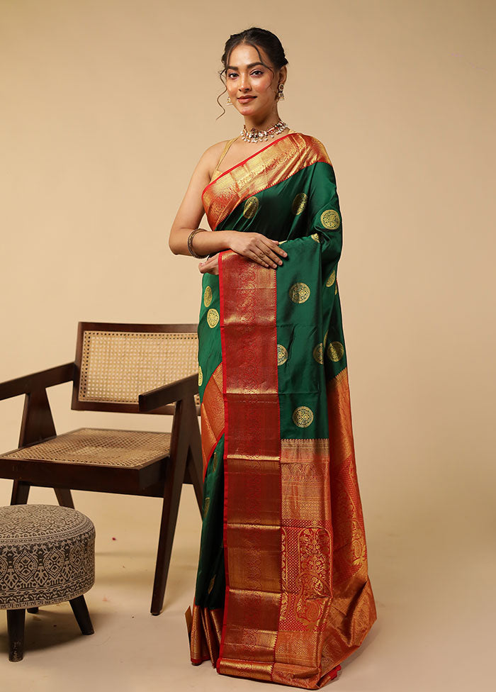 Green Handloom Kanchipuram Pure Silk Saree With Blouse Piece