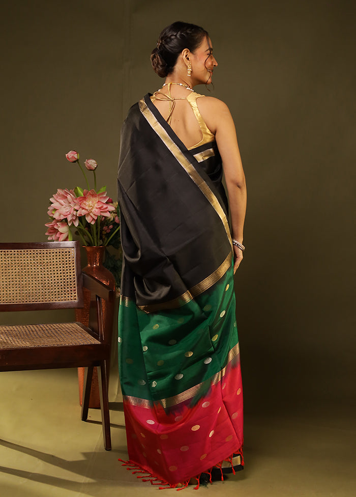 Black Handloom Kanjivaram Pure Silk Saree With Blouse Piece