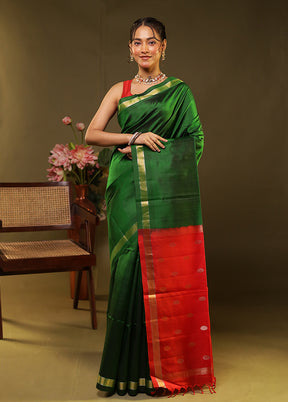 Green Handloom Kanjivaram Pure Silk Saree With Blouse Piece