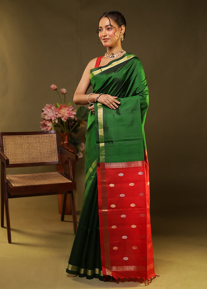 Green Handloom Kanjivaram Pure Silk Saree With Blouse Piece