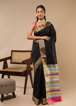 Black Handloom Dupion Pure Silk Saree With Blouse Piece