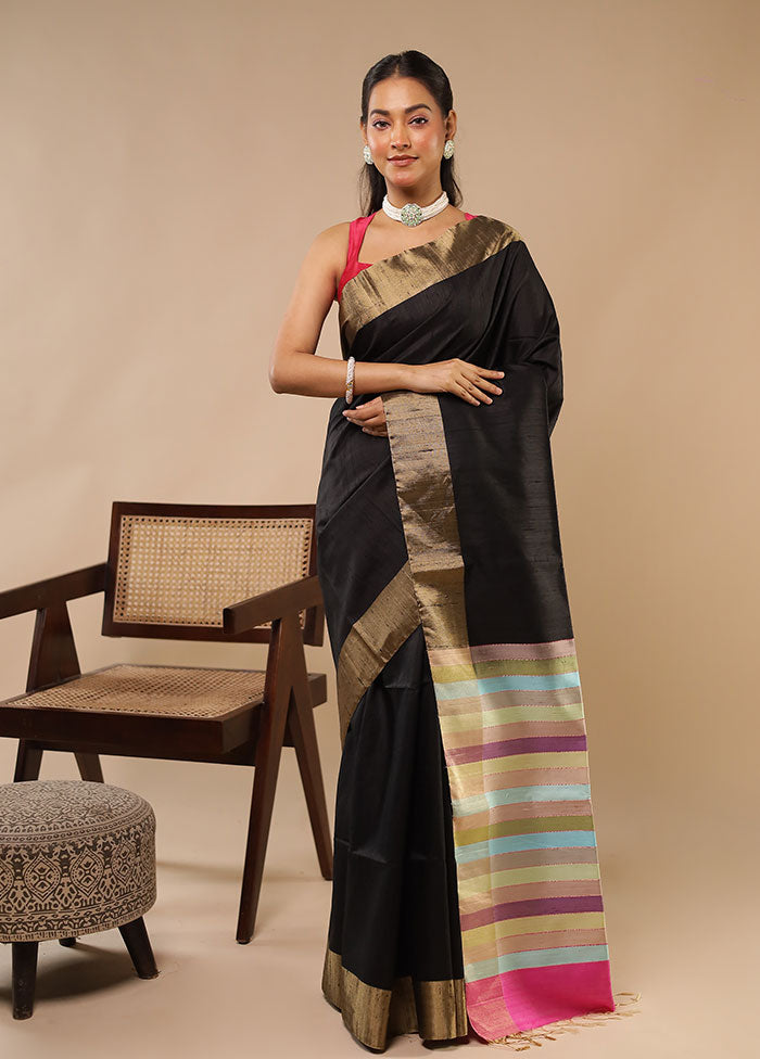 Black Handloom Dupion Pure Silk Saree With Blouse Piece