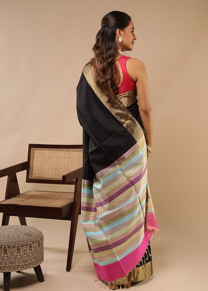 Black Handloom Dupion Pure Silk Saree With Blouse Piece