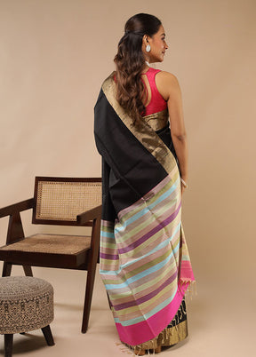 Black Handloom Dupion Pure Silk Saree With Blouse Piece