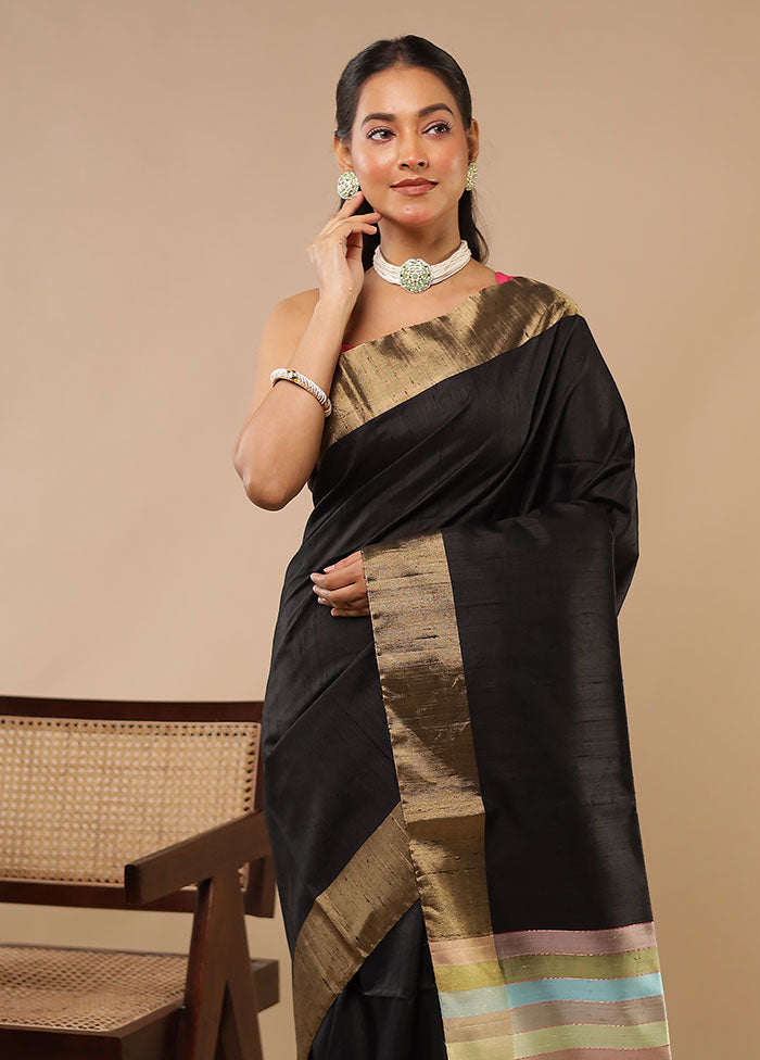 Black Handloom Dupion Pure Silk Saree With Blouse Piece