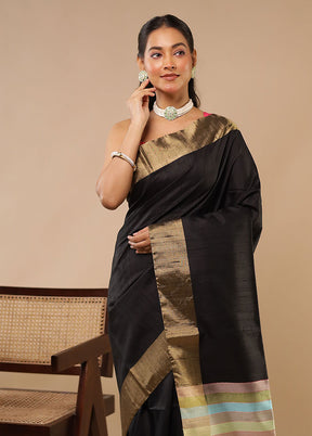 Black Handloom Dupion Pure Silk Saree With Blouse Piece