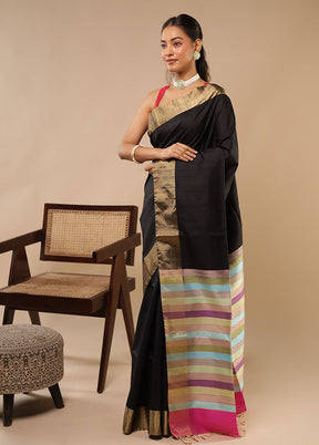 Black Handloom Dupion Pure Silk Saree With Blouse Piece