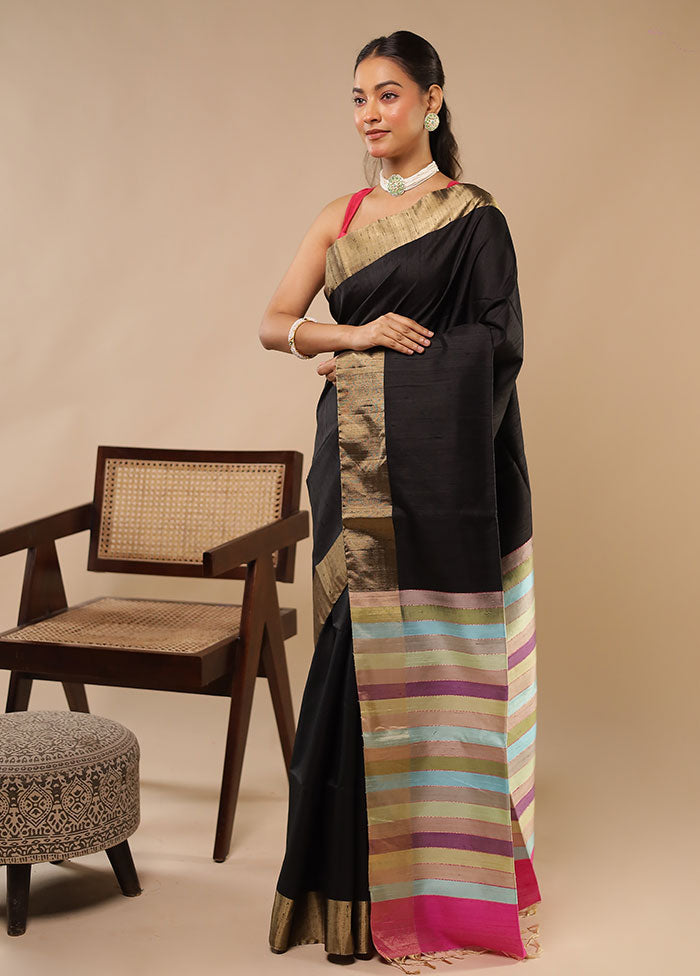 Black Handloom Dupion Pure Silk Saree With Blouse Piece