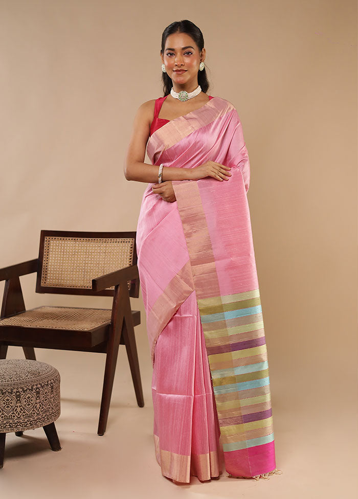 Pink Handloom Dupion Pure Silk Saree With Blouse Piece