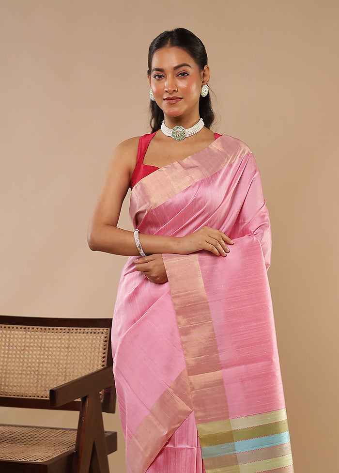Pink Handloom Dupion Pure Silk Saree With Blouse Piece