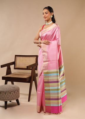 Pink Handloom Dupion Pure Silk Saree With Blouse Piece