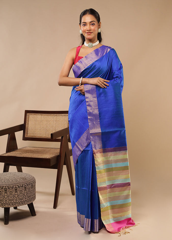 Blue Handloom Dupion Pure Silk Saree With Blouse Piece