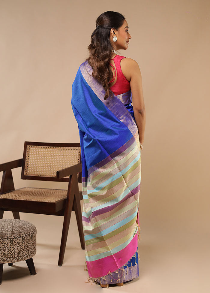 Blue Handloom Dupion Pure Silk Saree With Blouse Piece
