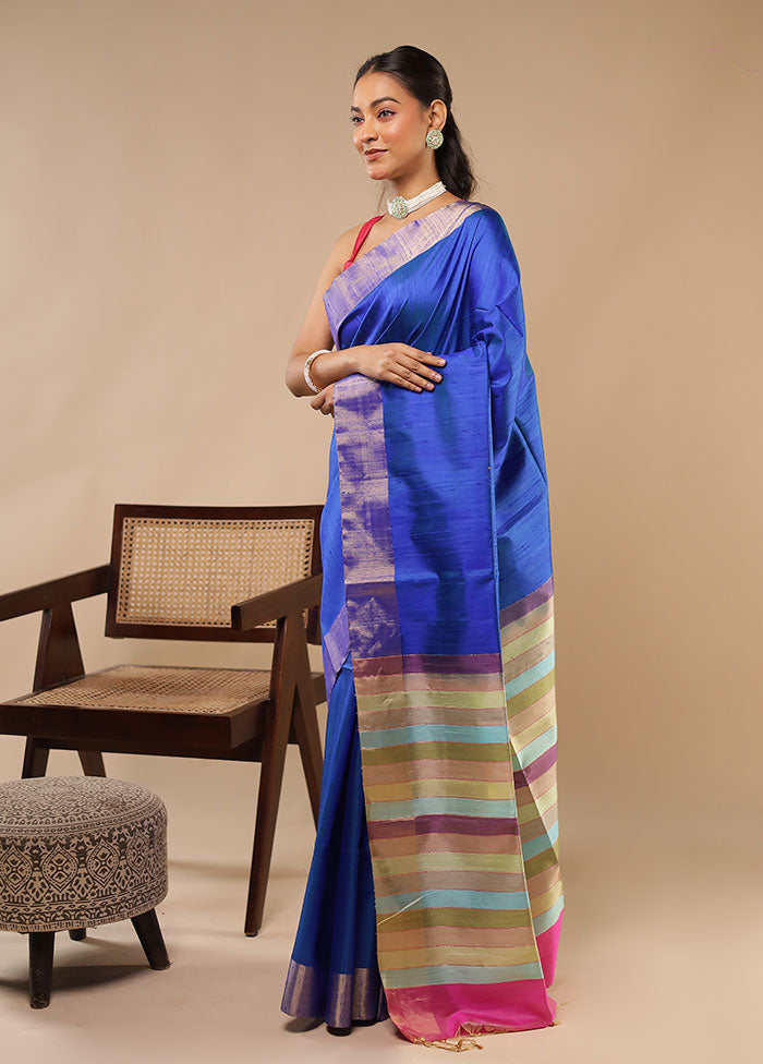Blue Handloom Dupion Pure Silk Saree With Blouse Piece