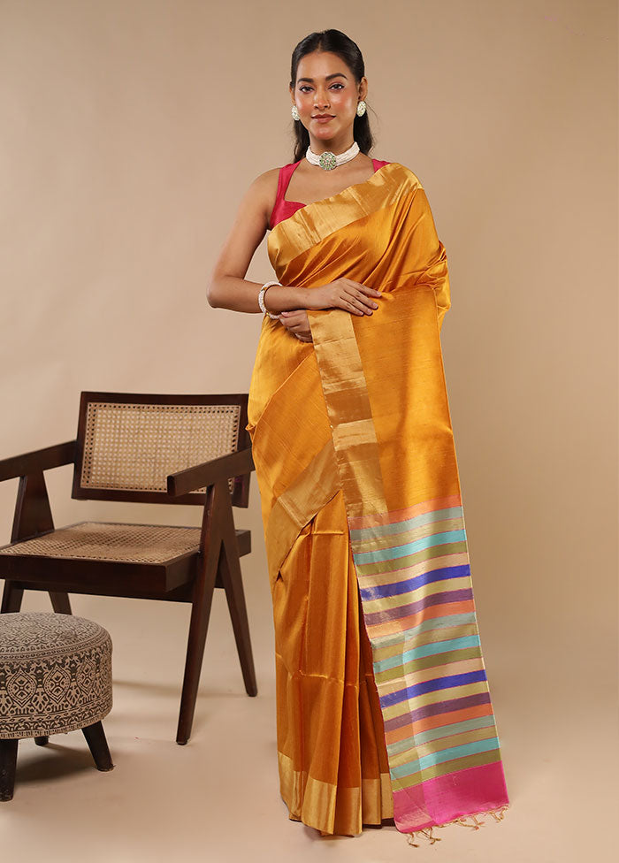 Yellow Handloom Dupion Pure Silk Saree With Blouse Piece