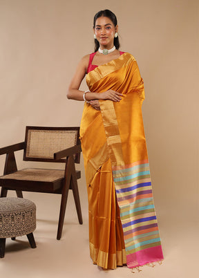 Yellow Handloom Dupion Pure Silk Saree With Blouse Piece