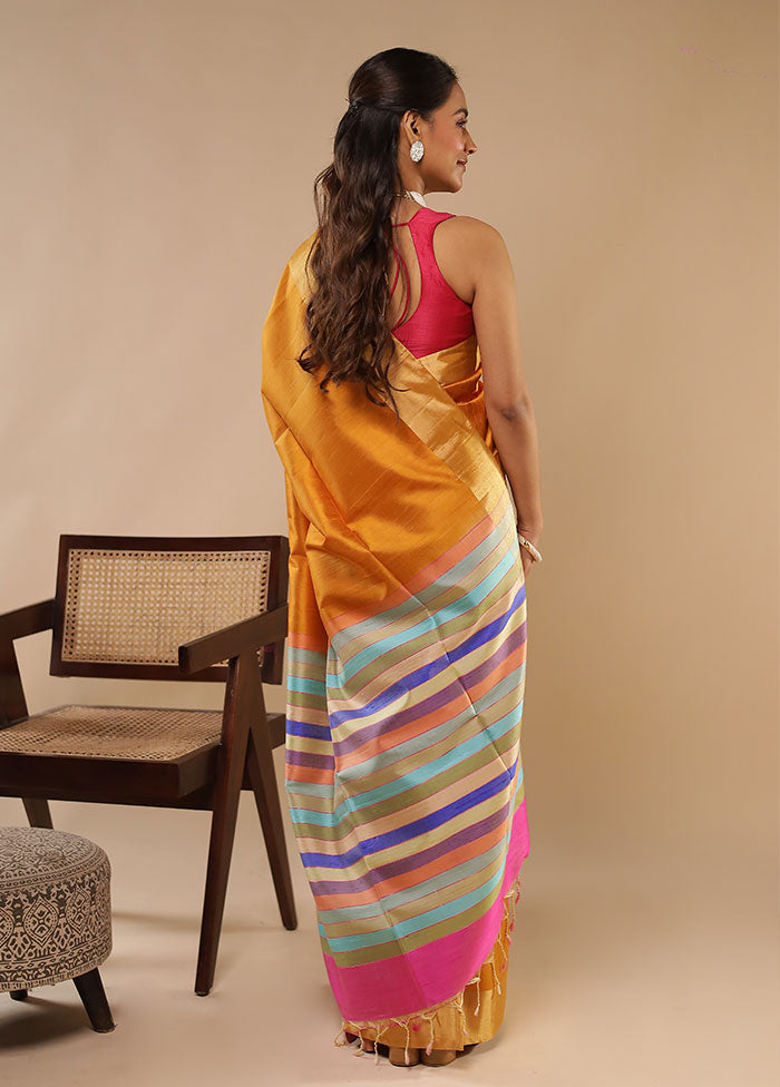 Yellow Handloom Dupion Pure Silk Saree With Blouse Piece